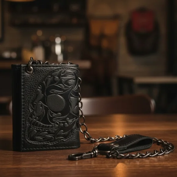 Spencer's Black Embossed Skull Wallet with Chain - Picture 1 of 12